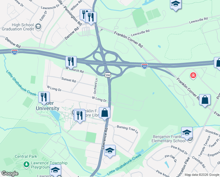 map of restaurants, bars, coffee shops, grocery stores, and more near U.S. Highway 206 in Lawrence Township