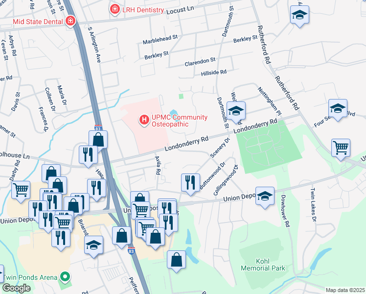 map of restaurants, bars, coffee shops, grocery stores, and more near 4411 Londonderry Road in Harrisburg