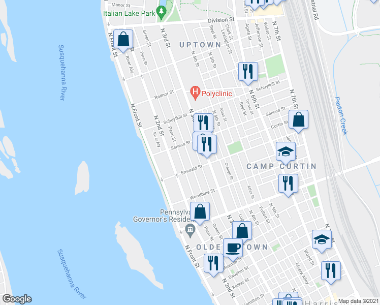 map of restaurants, bars, coffee shops, grocery stores, and more near 2329 Green Street in Harrisburg