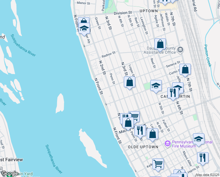 map of restaurants, bars, coffee shops, grocery stores, and more near 2327 North 2nd Street in Harrisburg