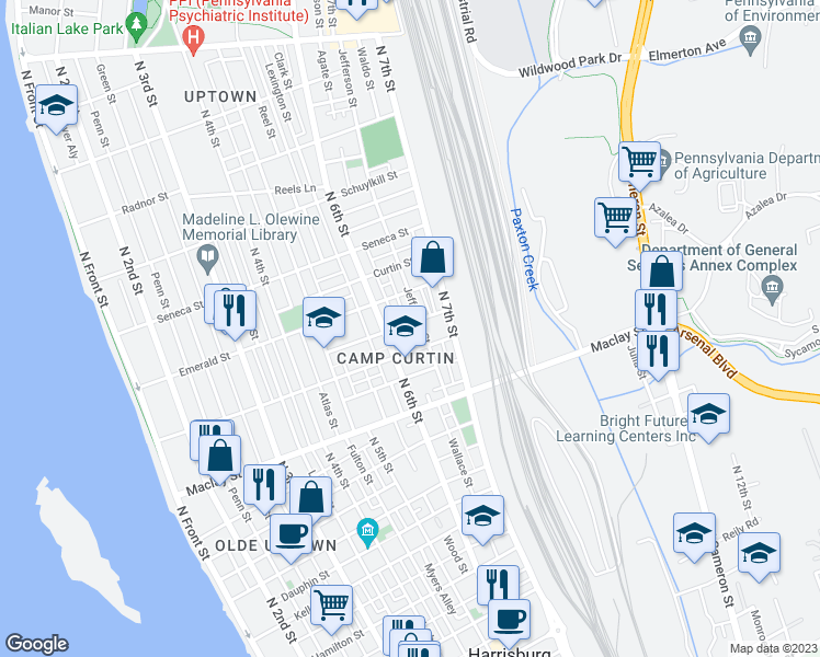 map of restaurants, bars, coffee shops, grocery stores, and more near 627 Camp Street in Harrisburg