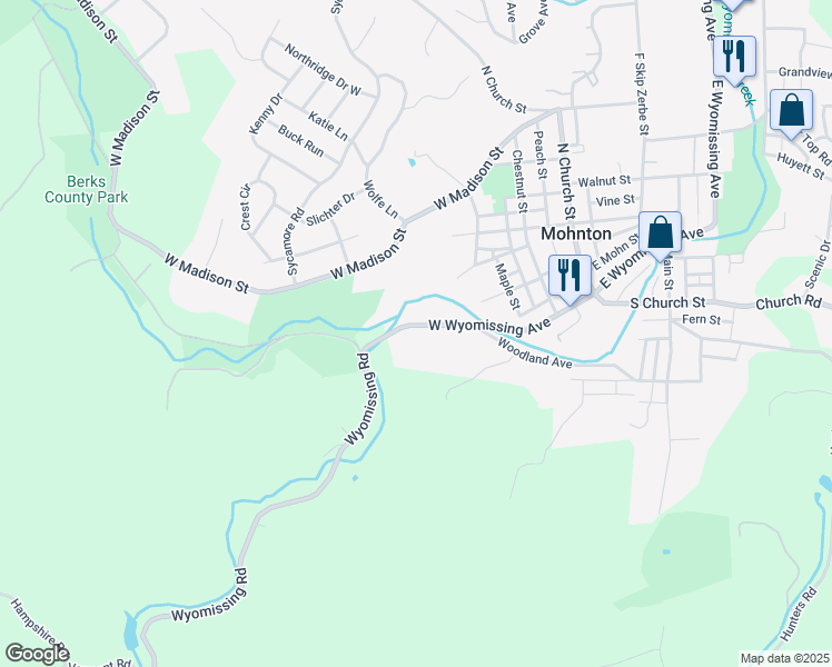 map of restaurants, bars, coffee shops, grocery stores, and more near 236 West Wyomissing Avenue in Mohnton