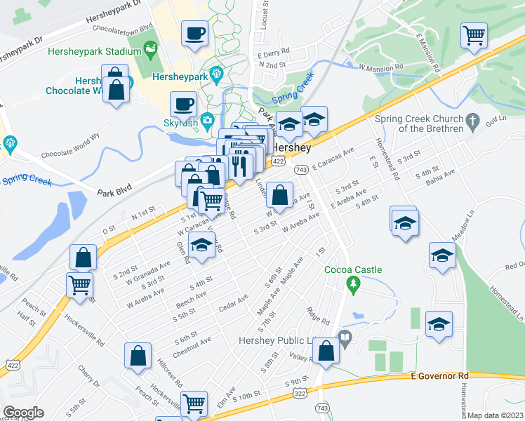map of restaurants, bars, coffee shops, grocery stores, and more near 113 West Granada Avenue in Hershey