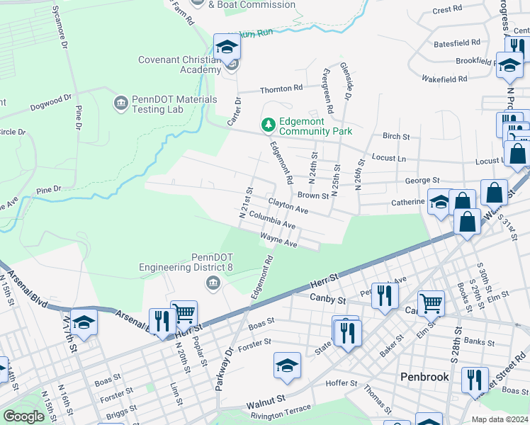 map of restaurants, bars, coffee shops, grocery stores, and more near 2130 Columbia Avenue in Harrisburg