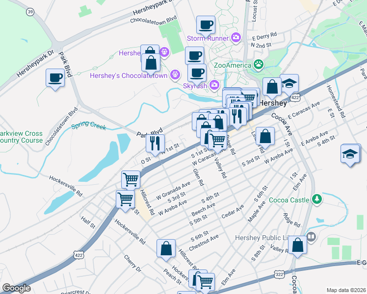 map of restaurants, bars, coffee shops, grocery stores, and more near 350 West Chocolate Avenue in Hershey