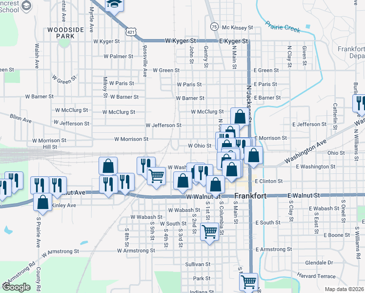 map of restaurants, bars, coffee shops, grocery stores, and more near 450 Vandalia Avenue in Frankfort