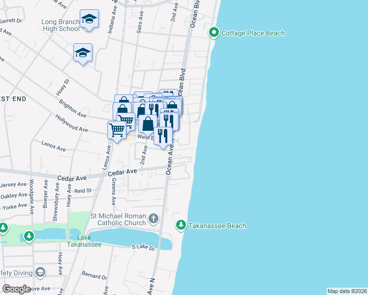 map of restaurants, bars, coffee shops, grocery stores, and more near 675 Ocean Avenue in Long Branch