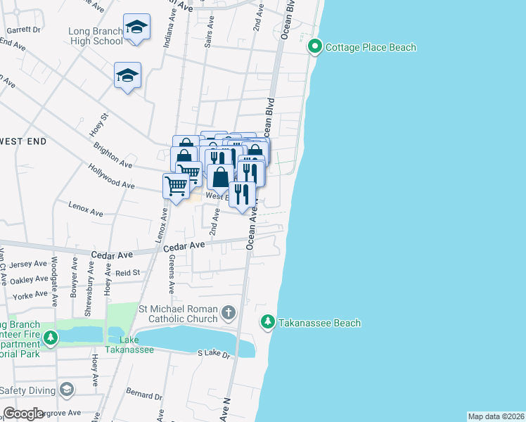 map of restaurants, bars, coffee shops, grocery stores, and more near 660 Ocean Avenue in Long Branch