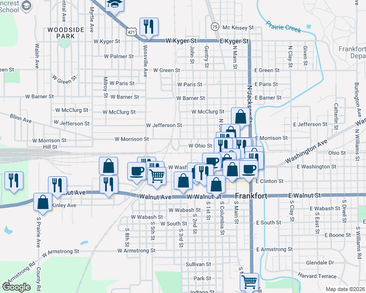 map of restaurants, bars, coffee shops, grocery stores, and more near 450 Vandalia Avenue in Frankfort