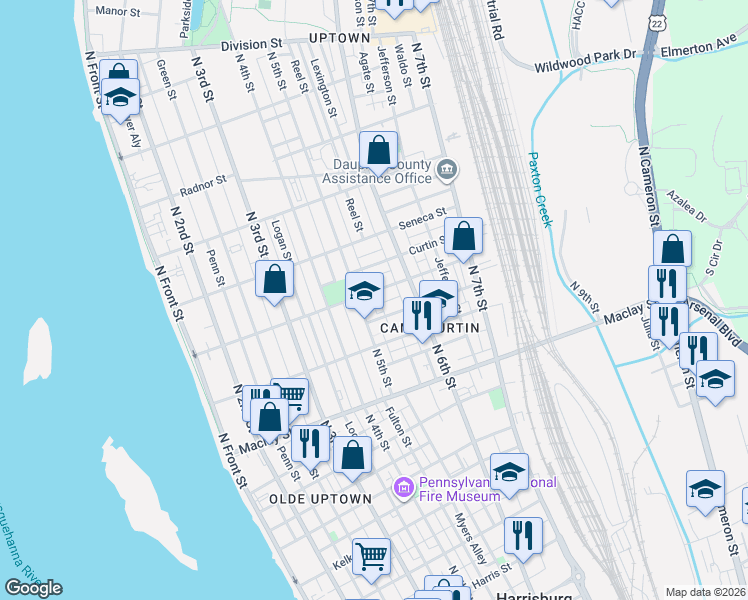 map of restaurants, bars, coffee shops, grocery stores, and more near 529 Camp Street in Harrisburg