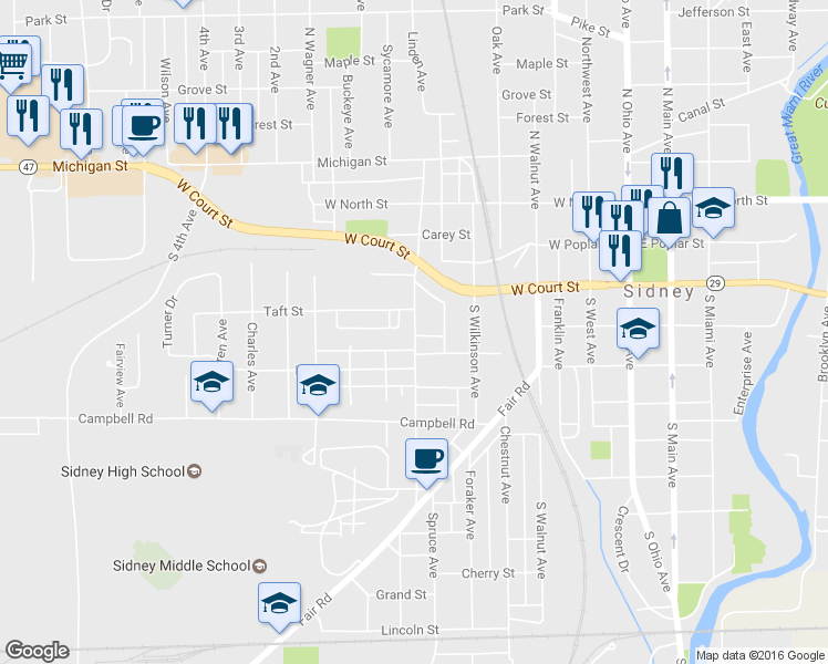 map of restaurants, bars, coffee shops, grocery stores, and more near 339 South Highland Avenue in Sidney