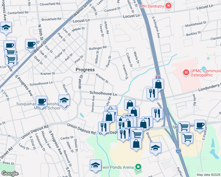 map of restaurants, bars, coffee shops, grocery stores, and more near 520 William Avenue in Harrisburg