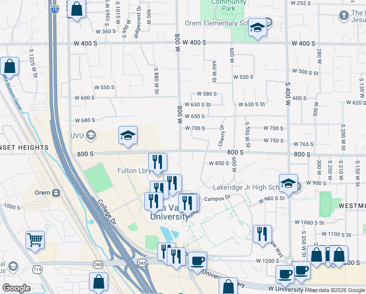 map of restaurants, bars, coffee shops, grocery stores, and more near 815 South 800 West Street in Orem