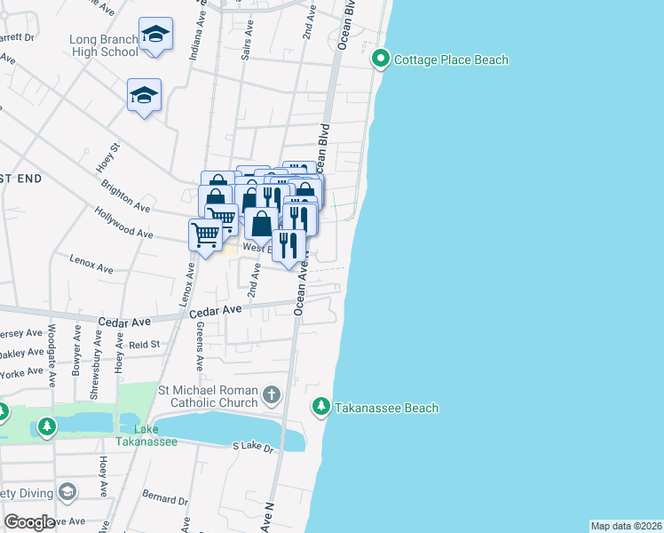 map of restaurants, bars, coffee shops, grocery stores, and more near 675 Ocean Avenue in Long Branch