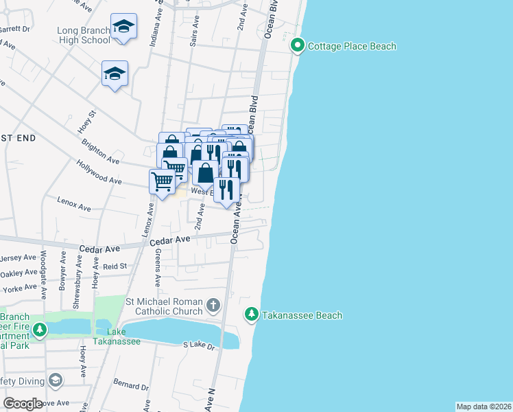 map of restaurants, bars, coffee shops, grocery stores, and more near 675 Ocean Avenue in Long Branch