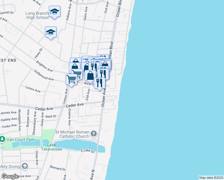 map of restaurants, bars, coffee shops, grocery stores, and more near 675 Ocean Avenue in Long Branch