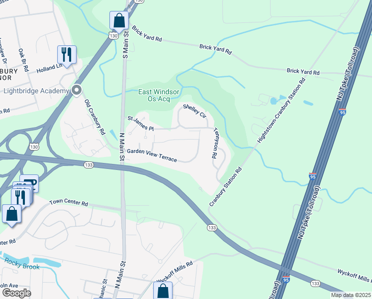 map of restaurants, bars, coffee shops, grocery stores, and more near 47 Garden View Terrace in East Windsor
