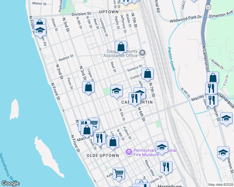 map of restaurants, bars, coffee shops, grocery stores, and more near 2257 Atlas Street in Harrisburg