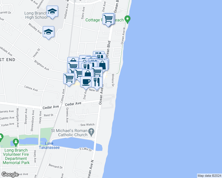 map of restaurants, bars, coffee shops, grocery stores, and more near 675 Ocean Avenue in Long Branch