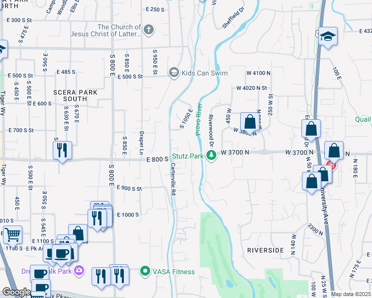 map of restaurants, bars, coffee shops, grocery stores, and more near 780 South 1080 East Street in Orem
