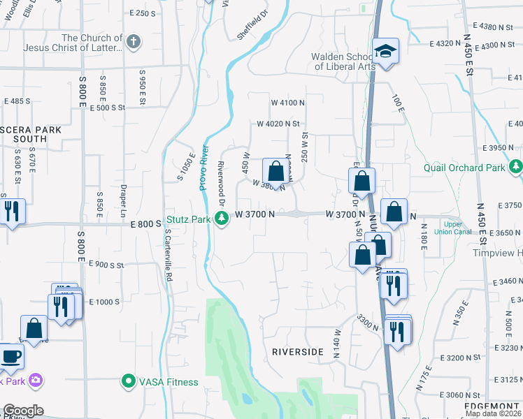 map of restaurants, bars, coffee shops, grocery stores, and more near 461 West 3700 North in Provo