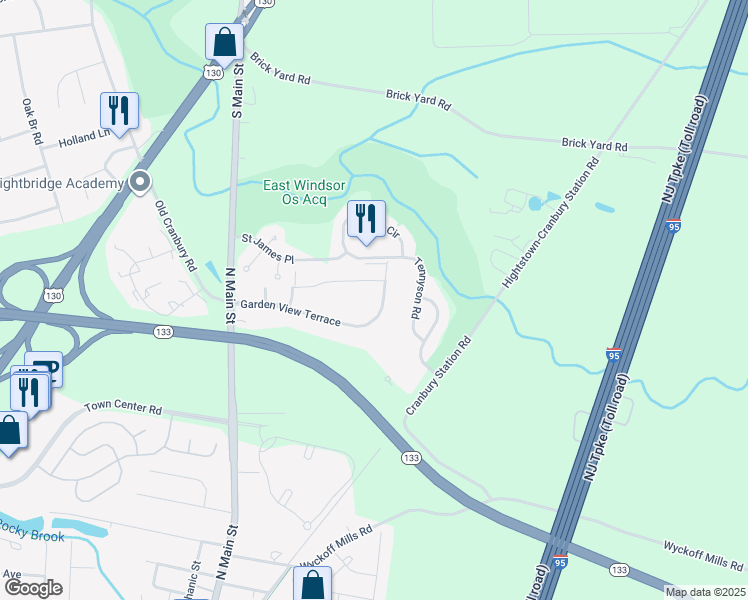 map of restaurants, bars, coffee shops, grocery stores, and more near 47 Garden View Terrace in East Windsor