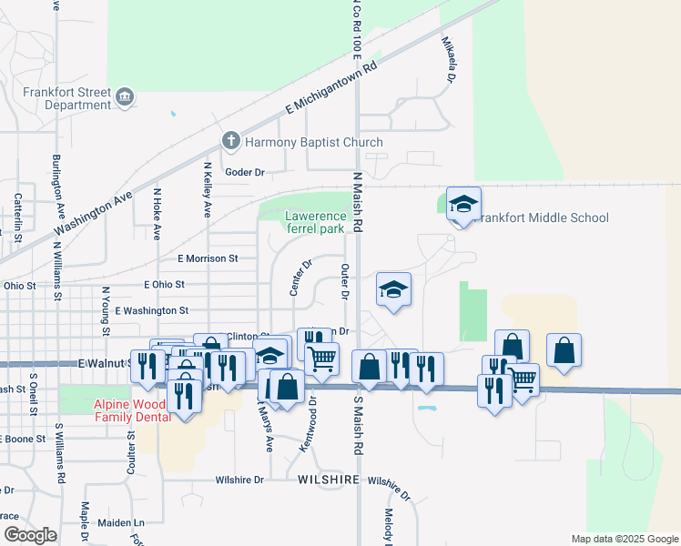 map of restaurants, bars, coffee shops, grocery stores, and more near 2101 Washington Avenue in Frankfort