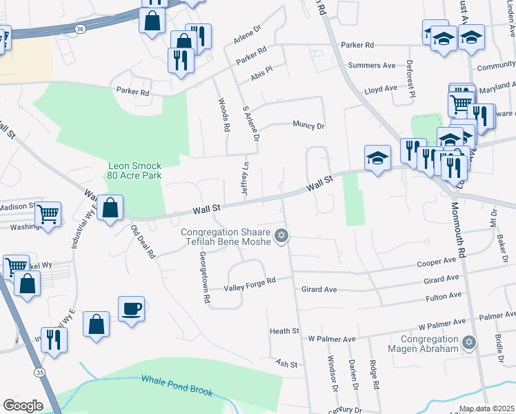 map of restaurants, bars, coffee shops, grocery stores, and more near 18 Old Queens Court in Eatontown