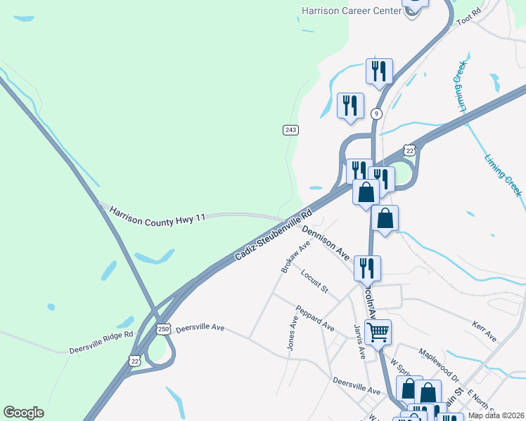 map of restaurants, bars, coffee shops, grocery stores, and more near 43140 Dennison Avenue in Cadiz