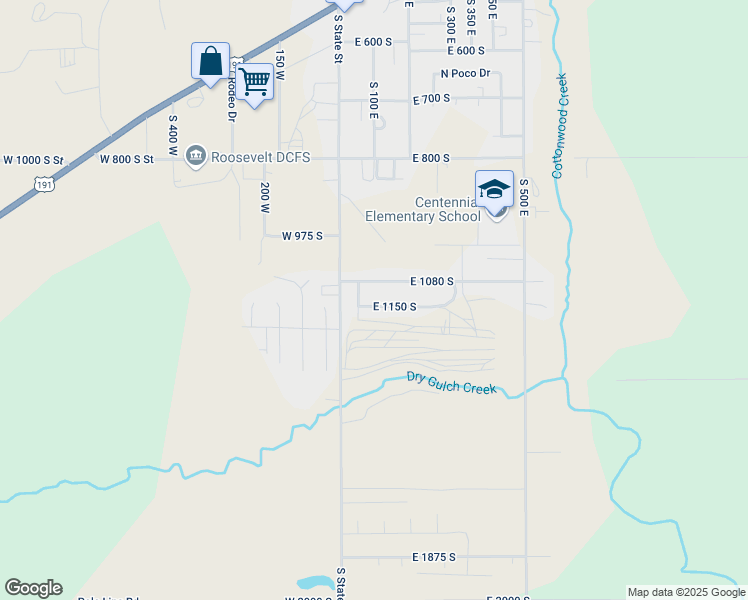 map of restaurants, bars, coffee shops, grocery stores, and more near 103 East 1150 South in Roosevelt