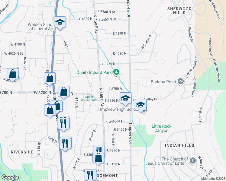 map of restaurants, bars, coffee shops, grocery stores, and more near 528 East 3750 North in Provo