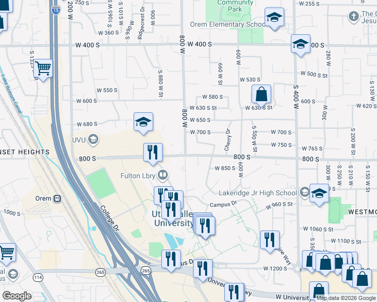 map of restaurants, bars, coffee shops, grocery stores, and more near 815 South 800 West Street in Orem