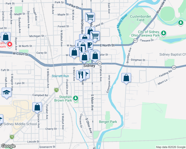 map of restaurants, bars, coffee shops, grocery stores, and more near 302 S Main Ave in Sidney