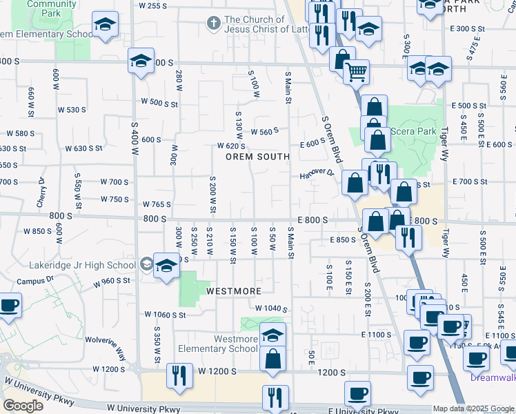 map of restaurants, bars, coffee shops, grocery stores, and more near 765 South 100 West in Orem
