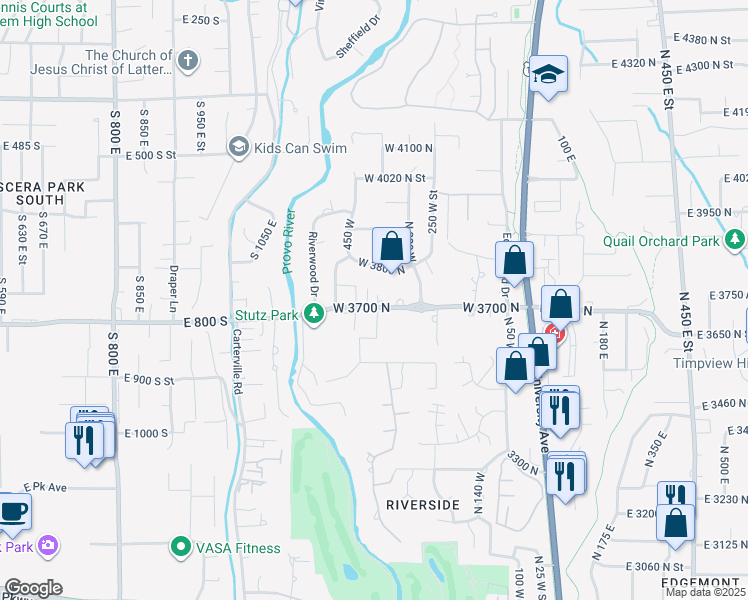 map of restaurants, bars, coffee shops, grocery stores, and more near 404 West 3700 North in Provo