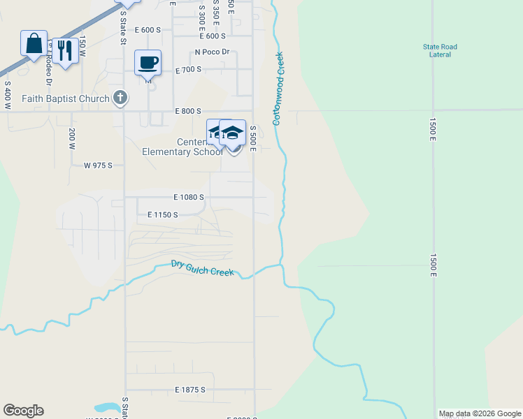 map of restaurants, bars, coffee shops, grocery stores, and more near 517 East 1140 South in Roosevelt