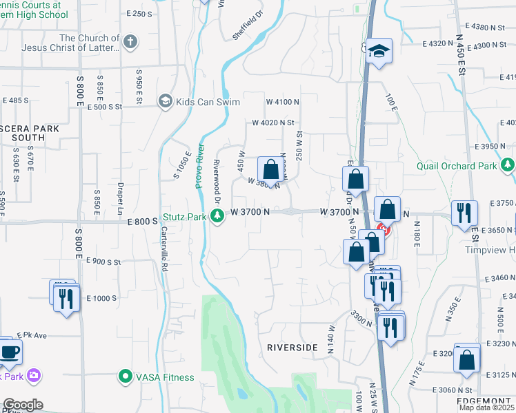 map of restaurants, bars, coffee shops, grocery stores, and more near 404 West 3700 North in Provo