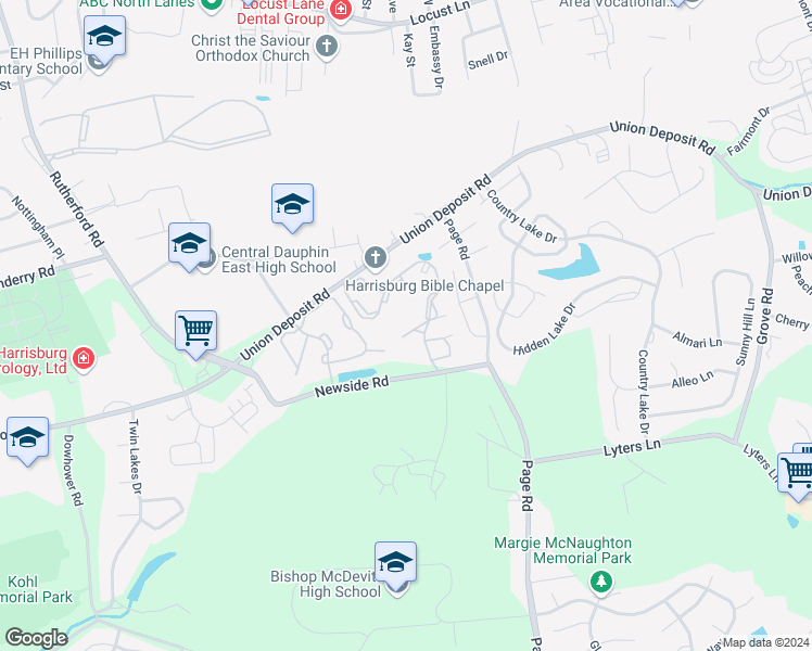 map of restaurants, bars, coffee shops, grocery stores, and more near 5488 Grouse Drive in Harrisburg