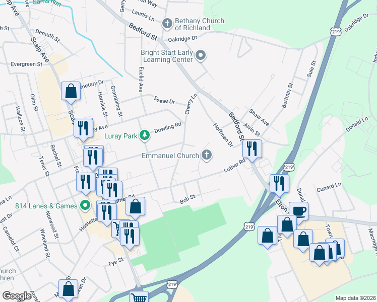 map of restaurants, bars, coffee shops, grocery stores, and more near 100-198 Lauretta Ln in Johnstown
