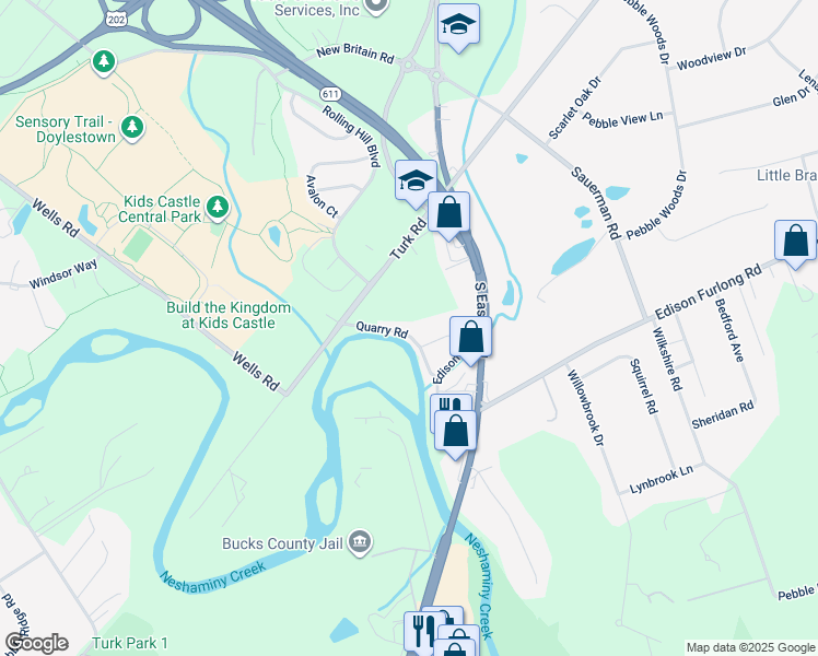 map of restaurants, bars, coffee shops, grocery stores, and more near 37 Quarry Road in Doylestown