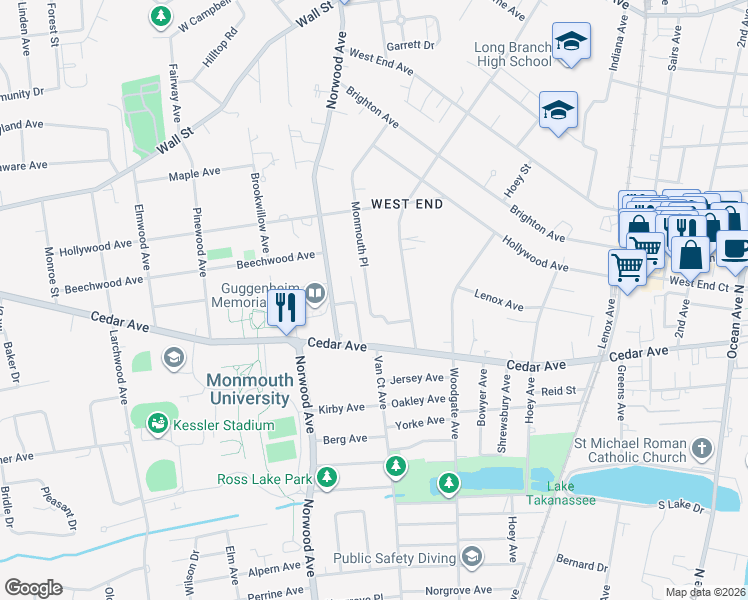 map of restaurants, bars, coffee shops, grocery stores, and more near 424 Monmouth Place in Long Branch