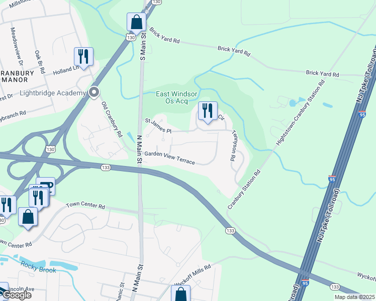 map of restaurants, bars, coffee shops, grocery stores, and more near 43 Garden View Terrace in East Windsor