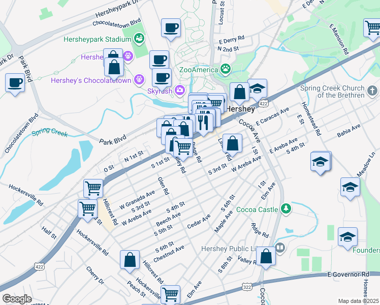 map of restaurants, bars, coffee shops, grocery stores, and more near 224 West Caracas Avenue in Hershey