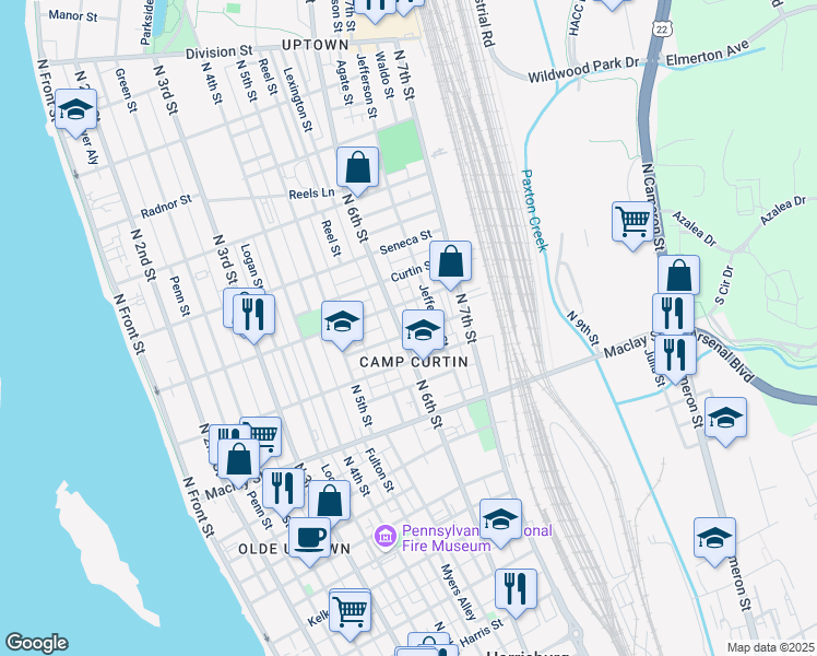 map of restaurants, bars, coffee shops, grocery stores, and more near 2212 North 6th Street in Harrisburg
