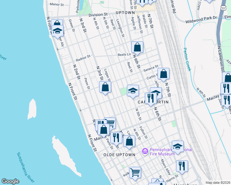 map of restaurants, bars, coffee shops, grocery stores, and more near 331 Emerald Street in Harrisburg