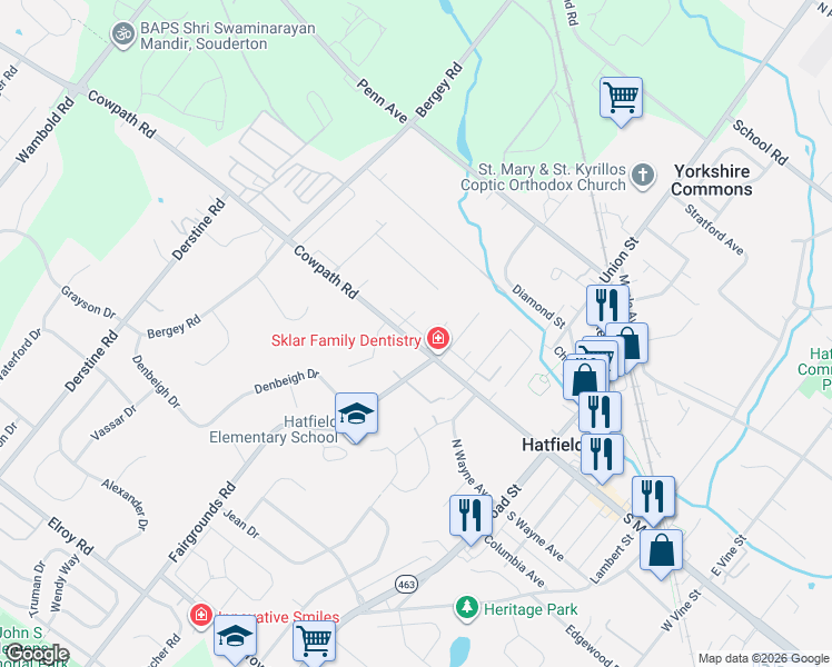 map of restaurants, bars, coffee shops, grocery stores, and more near 1898 Fairgrounds Road in Hatfield