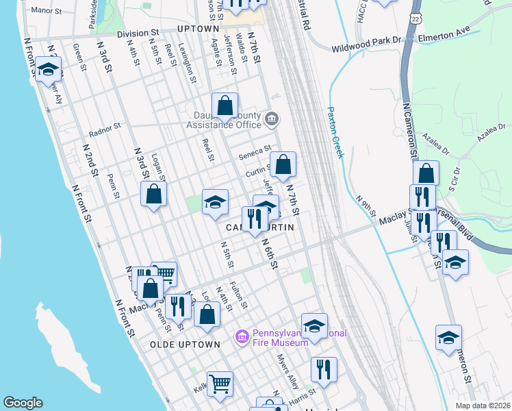 map of restaurants, bars, coffee shops, grocery stores, and more near 2212 North 6th Street in Harrisburg