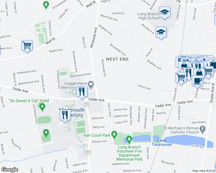 map of restaurants, bars, coffee shops, grocery stores, and more near 424 Monmouth Place in Long Branch