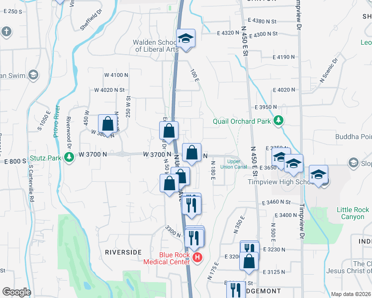 map of restaurants, bars, coffee shops, grocery stores, and more near 3707 North 60 East in Provo