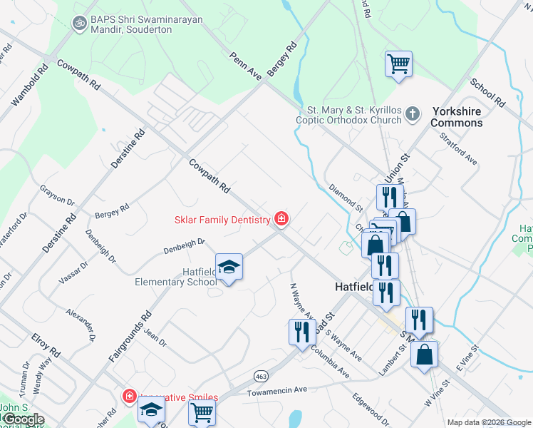 map of restaurants, bars, coffee shops, grocery stores, and more near 1898 Fairgrounds Road in Hatfield